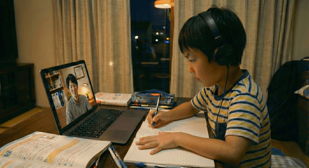オンラインで勉強している少年