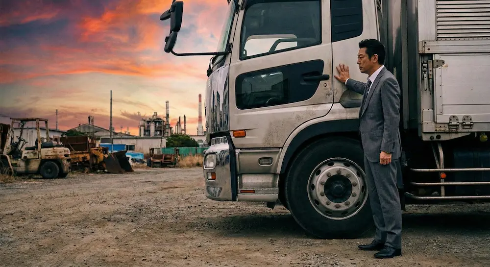 大型トラックと中年男性