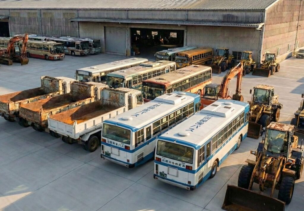 物流倉庫に並んだトラック、バス、重機