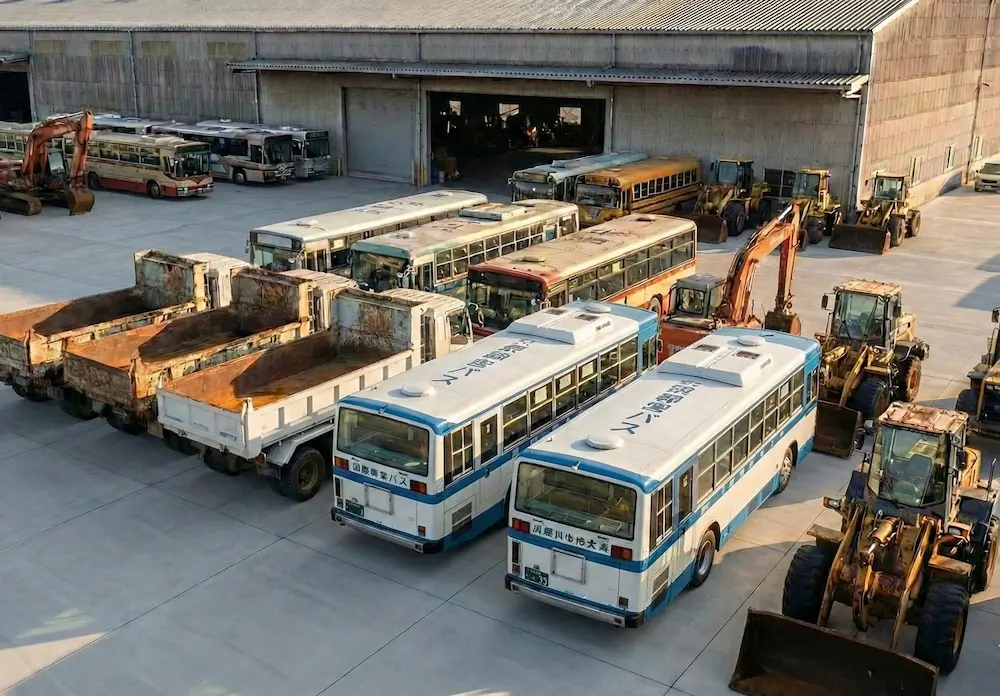 物流倉庫に並んだトラック、バス、重機